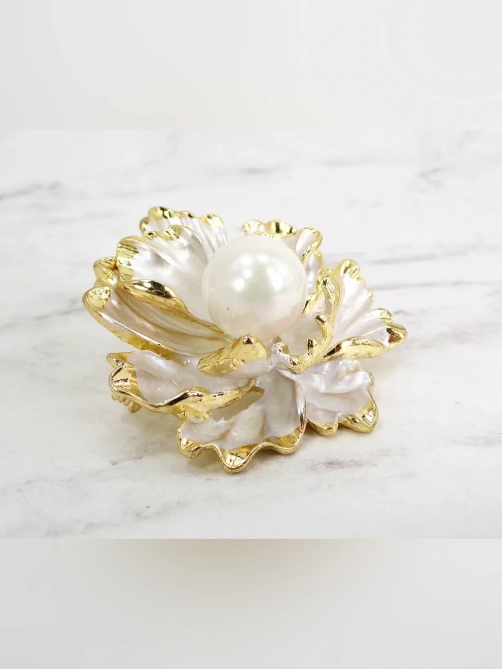 White Flower Brooch Pin with pearl center and gold trim. White floral fashion
